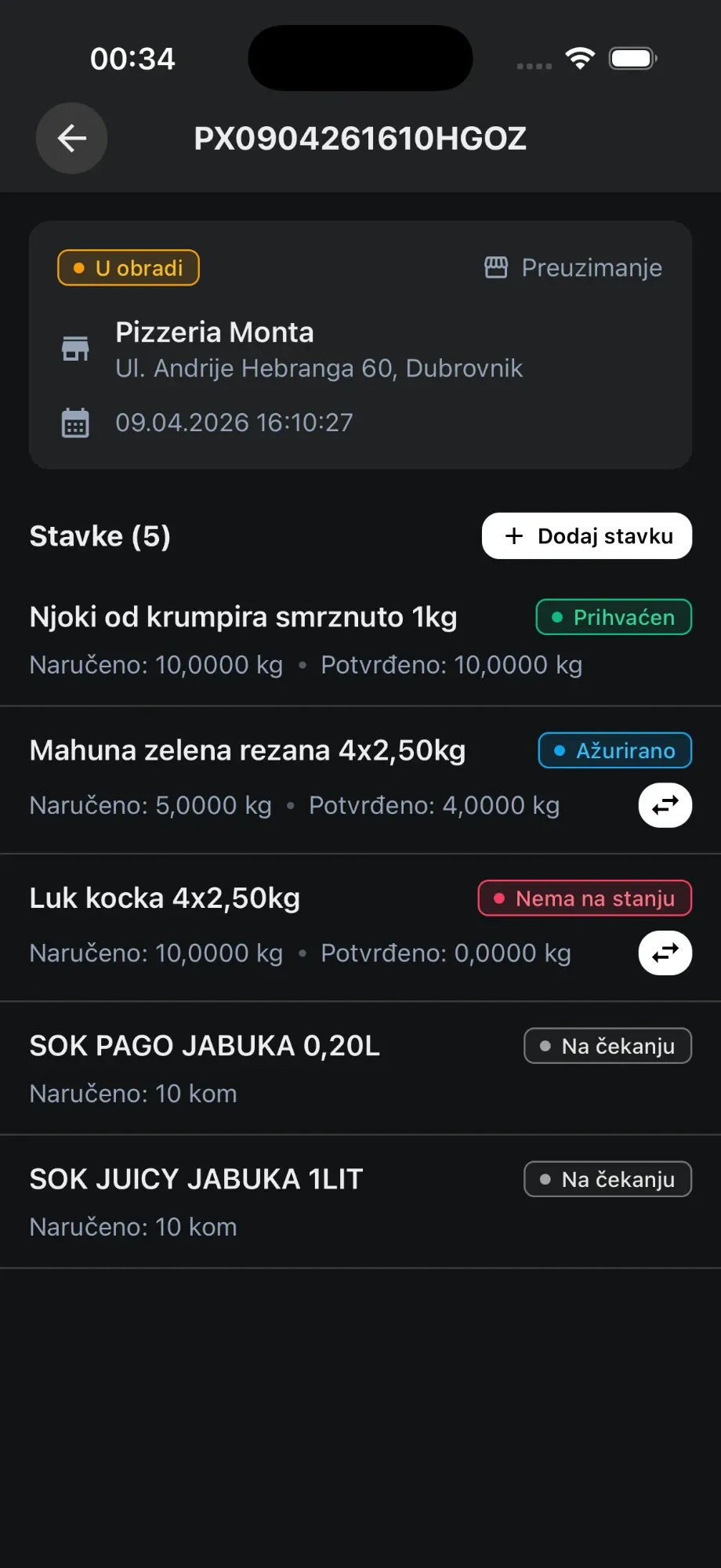 Narudžba u mobilnoj aplikaciji – status, način preuzimanja i stavke sa svojim statusima