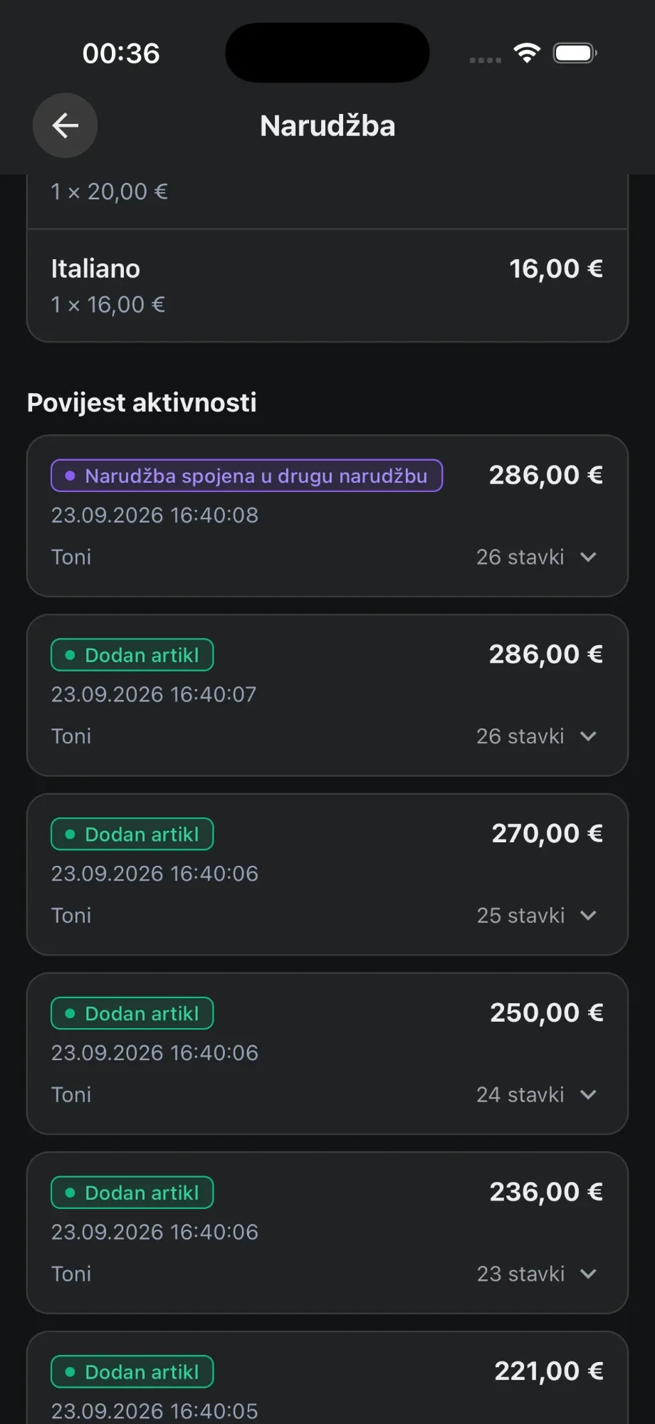 Proxima mobilna aplikacija – povijest aktivnosti narudžbe